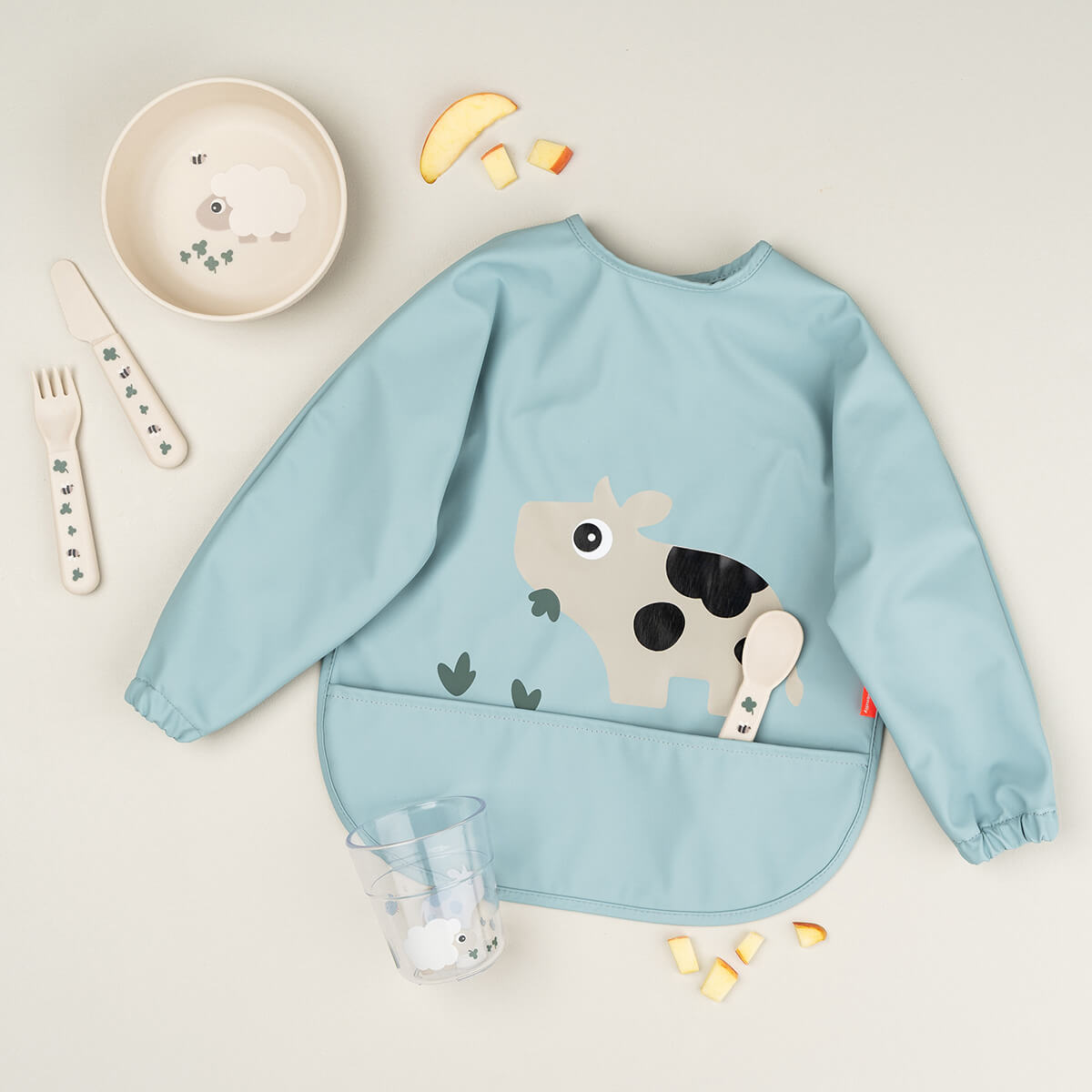 Sleeved pocket bib - Tiny farm - Blue